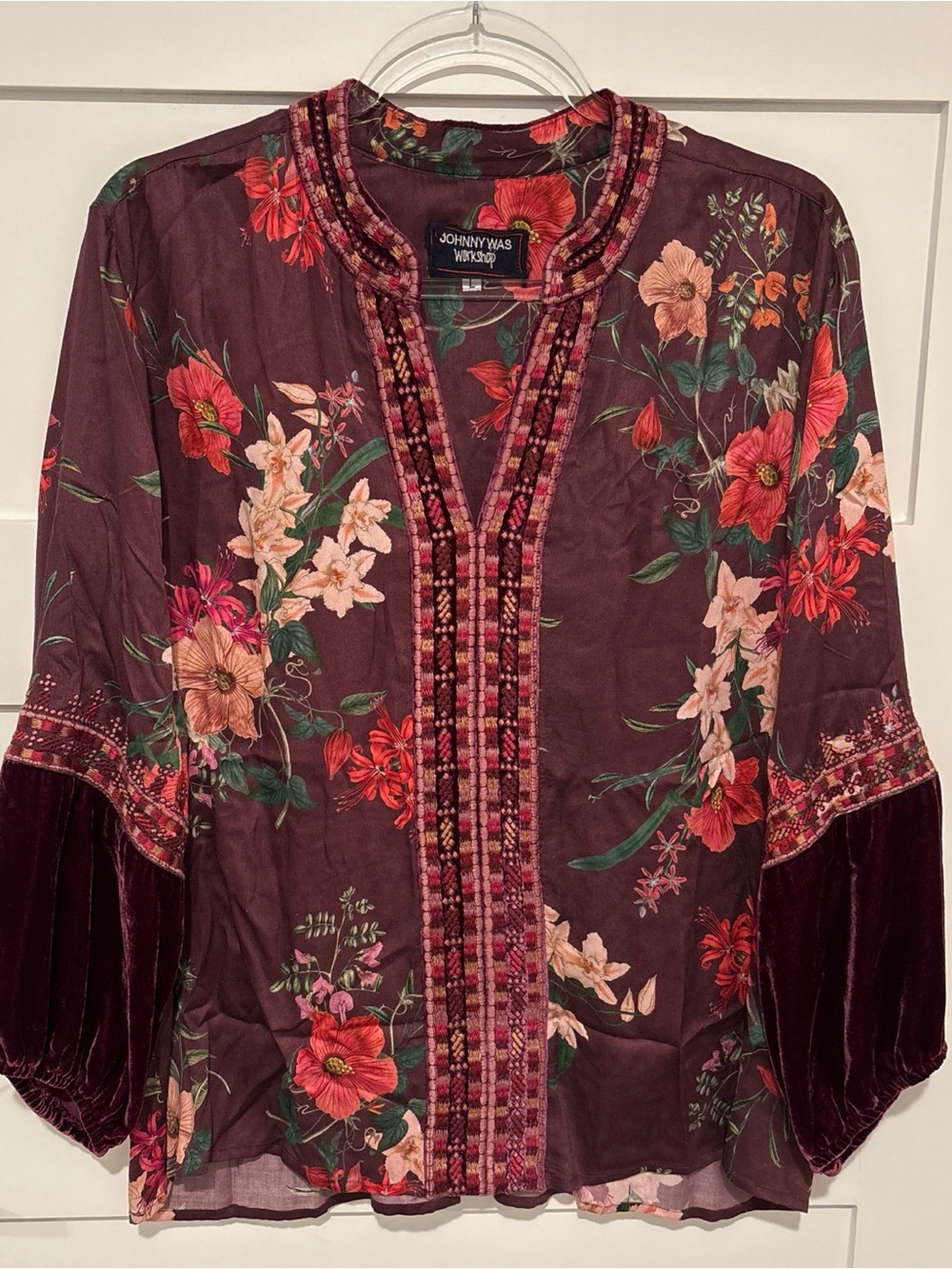 Johnny Was Bohemian Plum Floral Velvet-Trim Tunic